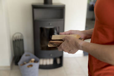 Hands of woman with firewood in front of fireplace at home - FLLF00831