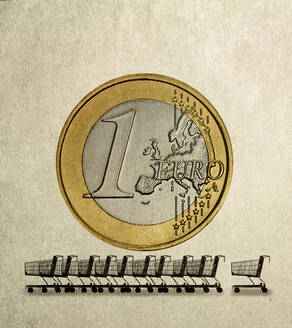 Illustration einer Euro-Münze über leeren Einkaufswagen - GWAF00019