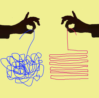 Illustration einer blauen verhedderten Schnur und einer roten geordneten Schnur, die von zwei verschiedenen Händen gehalten wird - GWAF00028