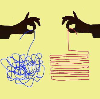 Illustration of blue tangled string and red orderly string held by two different hands - GWAF00028