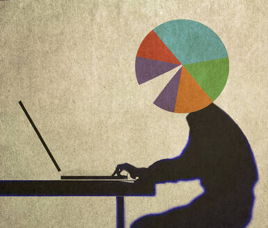 Illustration of person with pie chart instead of head working on laptop - GWAF00029