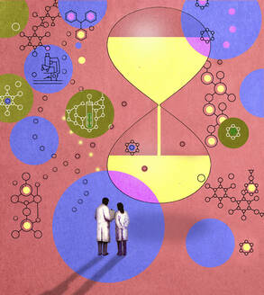 Illustration von zwei Wissenschaftlern, die sich unter schwebenden Kreisen und Molekülen unterhalten - GWAF00035