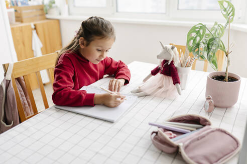 Mädchen macht Hausaufgaben und schreibt auf ein Notizbuch zu Hause - SSYF00084