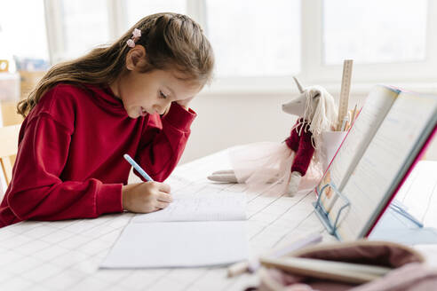 Girl doing homework sitting at table - SSYF00088