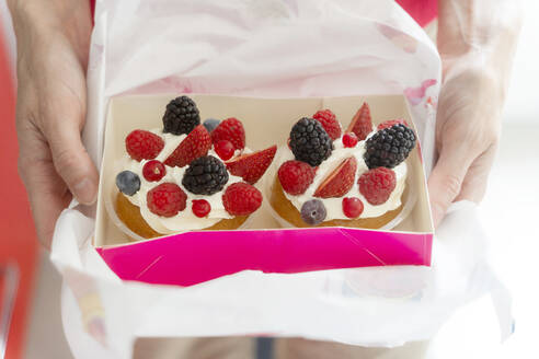 Hands of woman holding French tarts with fresh fruits - CHPF00858