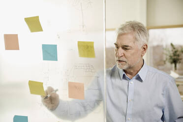 Businessman drawing on glass wall at office - RSKF00105