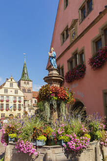 Frankreich, Grand Est, Turckheim, Figur der Jungfrau Maria auf einem Brunnen mit blühenden Blumen - GWF07710