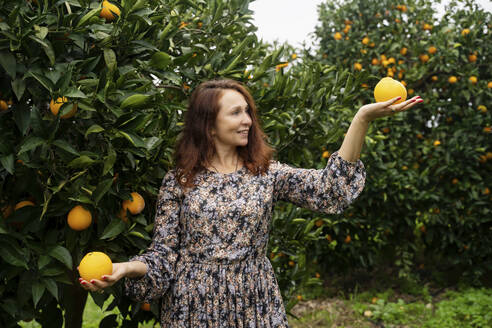 Glückliche rothaarige Frau balanciert Orangen vor einem Baum - NJAF00216