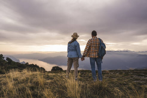 Reifes Paar hält sich an den Händen und steht auf einem Berg - UUF28202