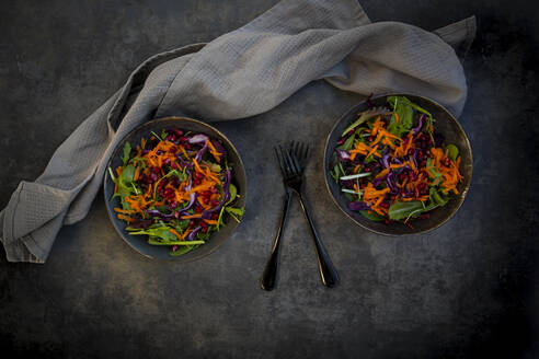 Studio shot of two plates of ready-to-eat vegan salad lying against black background - LVF09274