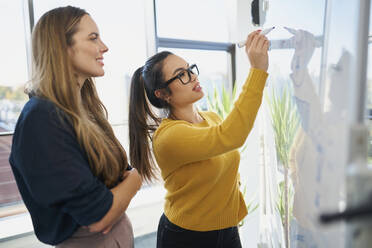 Businesswomen planning strategy over whiteboard at workplace - BSZF02124