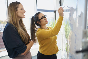 Geschäftsfrauen planen Strategie am Whiteboard am Arbeitsplatz - BSZF02124