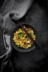 Studio shot of plate of ready-to-eat vegan noodles with broccoli, tofu and soy sauce - LVF09278