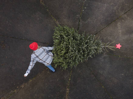 Mature woman disposing Christmas tree - HMEF01510