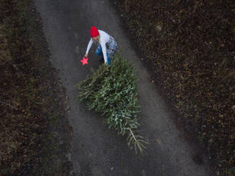 Frau zieht Weihnachtsbaum auf Fußweg - HMEF01511