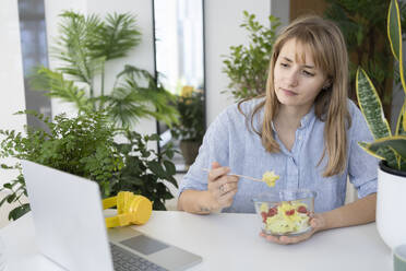 Freelancer having salad and looking at laptop - SVKF01275