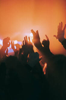Silhouette erhobenen Hände von Männern und Frauen tanzen in einem Nachtclub - MASF34807