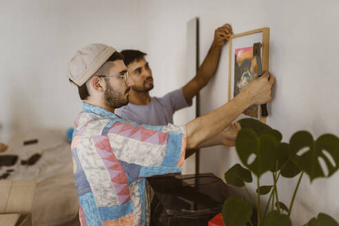 Seitenansicht eines Mannes, der mit seinem Freund zu Hause einen Rahmen an die Wand hängt - MASF35422