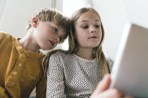 Brother and sister using tablet PC at home - JOSEF17022