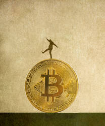 Illustration eines Mannes, der auf einer großen Bitcoin balanciert - GWAF00043