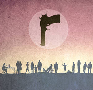 Illustration of people living under handgun symbolizing lack of gun control - GWAF00056