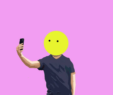 Illustration eines Mannes mit Maske, der ein Selfie macht - GWAF00061