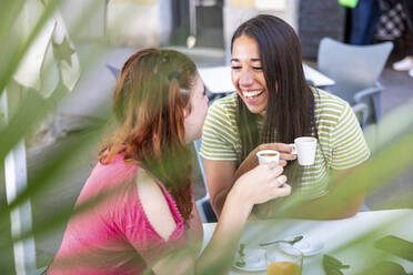 Happy lesbian couple holding coffee cups in cafe - WPEF07327