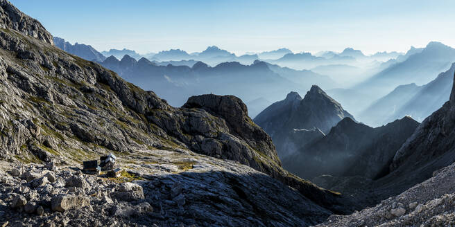 Mountain ranges on sunny day at Rifugio Mulaz, Dolomites, Italy - ALRF02076