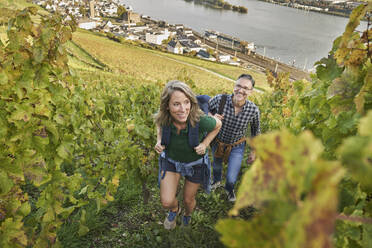 Touristen wandern inmitten eines Weinbergs mit einem Fluss im Hintergrund - RORF03368