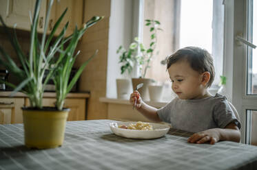Junge isst Nudeln am Tisch zu Hause - ANAF01022