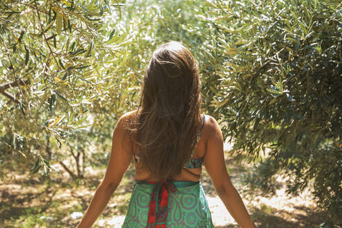 Frau steht inmitten von Olivenbäumen an einem sonnigen Tag - AXHF00274