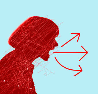 Illustration von roten Pfeilen, die aus dem Mund einer schreienden Frau kommen - GWAF00066