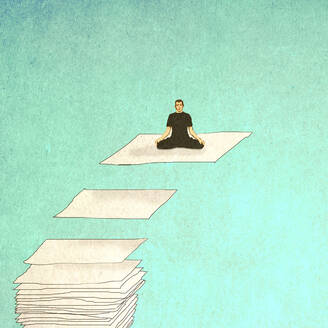 Man meditating on floating sheet of paper - GWAF00079