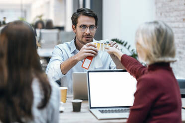 Designprofi und Kollege diskutieren über Farbmuster im Büro - JSRF02469