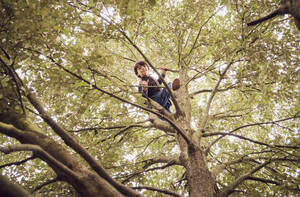 Junge zeigt Handzeichen auf Baum im Park - PWF00806