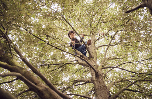 Junge zeigt Handzeichen auf Baum im Park - PWF00806