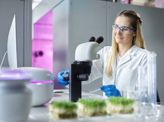 Lächelnde junge Wissenschaftlerin bei der Arbeit mit dem Mikroskop im Labor - CVF02321