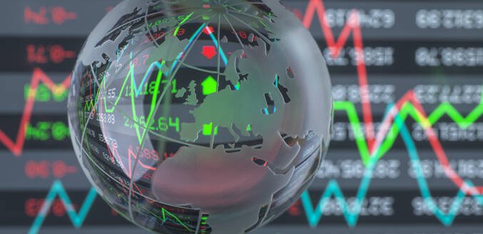 Stock market graphs and data with globe in foreground - ABRF01043