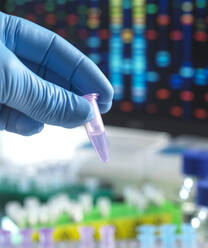 Hand eines Wissenschaftlers, der ein DNA-Reagenzglas hält - ABRF01052