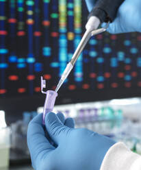 Die Hände eines Wissenschaftlers, der eine DNA-Probe durch eine Pipette in ein Reagenzglas gießt - ABRF01055