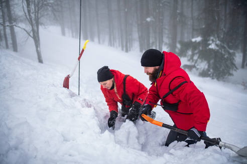 Bergrettungsdienst im Einsatz im Freien im Winter im Wald, Schnee schaufeln mit Schaufeln. Lawinenkonzept. - HPIF06110