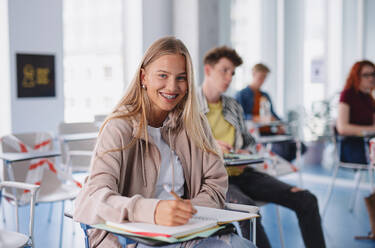 A portrait of group of university students sitting in classroom indoors, studying - HPIF06160