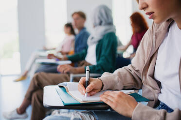 Eine Gruppe unkenntlicher Universitätsstudenten sitzt in einem Klassenzimmer und lernt. - HPIF06178