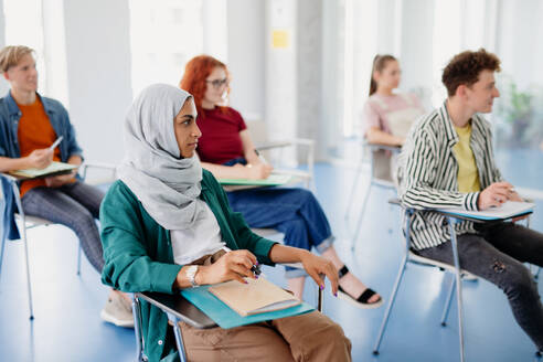 Ein Porträt einer multiethnischen Gruppe von Universitätsstudenten, die in einem Klassenzimmer sitzen und lernen. - HPIF06180