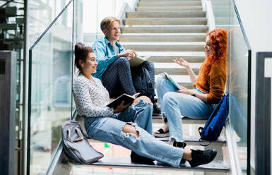 Fröhliche Universitätsstudenten, die auf einer Treppe sitzen und sich drinnen unterhalten, Konzept 