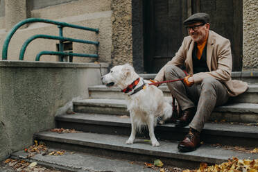 A happy senior man sitting on stairs and resting during dog walk outdoors in city. - HPIF06348