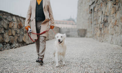 Ein tiefer Ausschnitt eines eleganten älteren Mannes, der mit seinem Hund in der Stadt spazieren geht. - HPIF06369