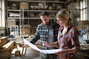 Zwei Tischler, ein Mann und eine Frau, unterhalten sich über die Gestaltung von Produkten, ein kleines Geschäftskonzept. - HPIF06434