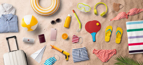 Summer Vacation, Travel, Tourism Concept Flat Lay. Beach, Casual Urban  Accessories for Men Stock Image - Image of sail, tropical: 152510871