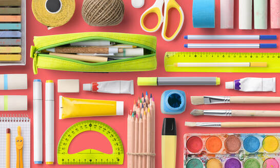 A flat lay top view of group of school supplies, back to school concept. - HPIF06462